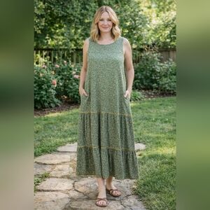 J. Jill Green Floral Sleeveless Dress Size L